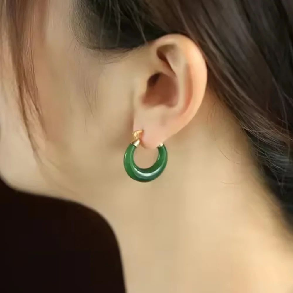 18k Gold Plated Green Jasper Hoop Earrings - Picture 4 of 5